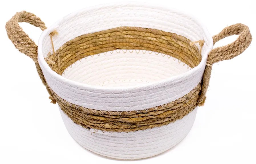 Cesto de Fibra Natural Seagrass Listrado Branco 23x30x30 cm - D'Rossi