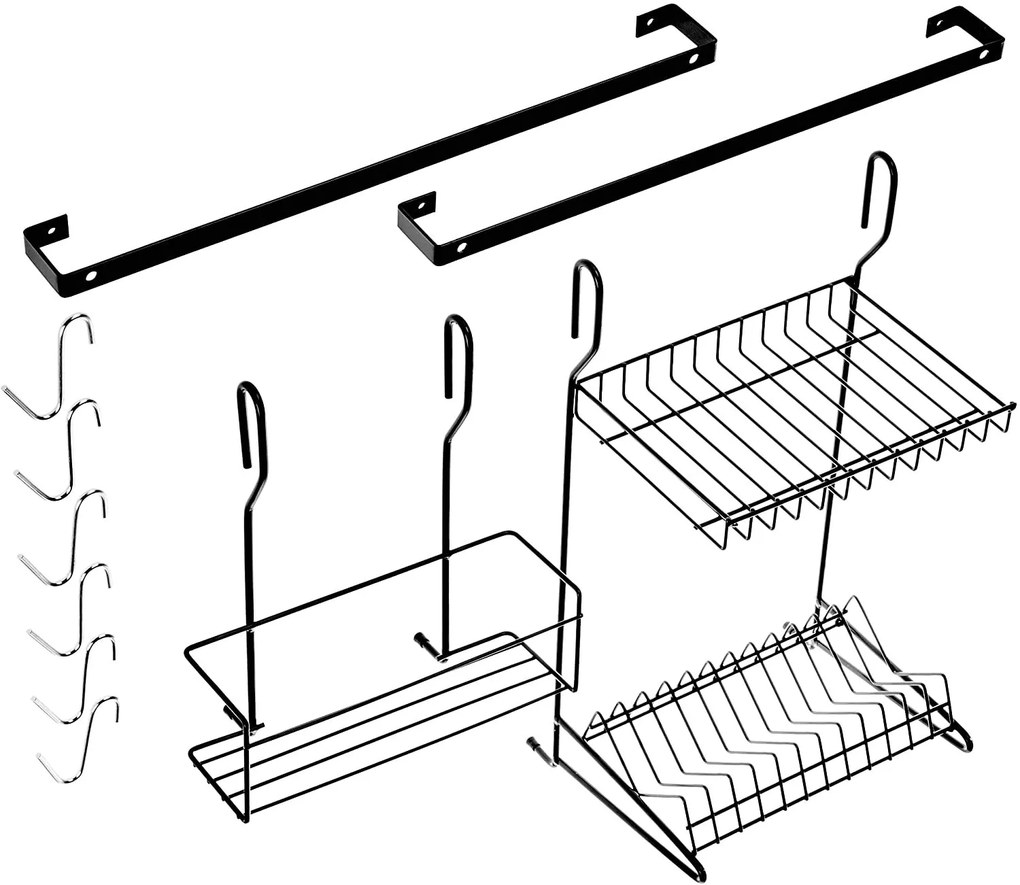 Kit Elegance 11pcs Cozinha Suspensa Parede Com Escorredor de Pratos e Copos Em Inox Preto