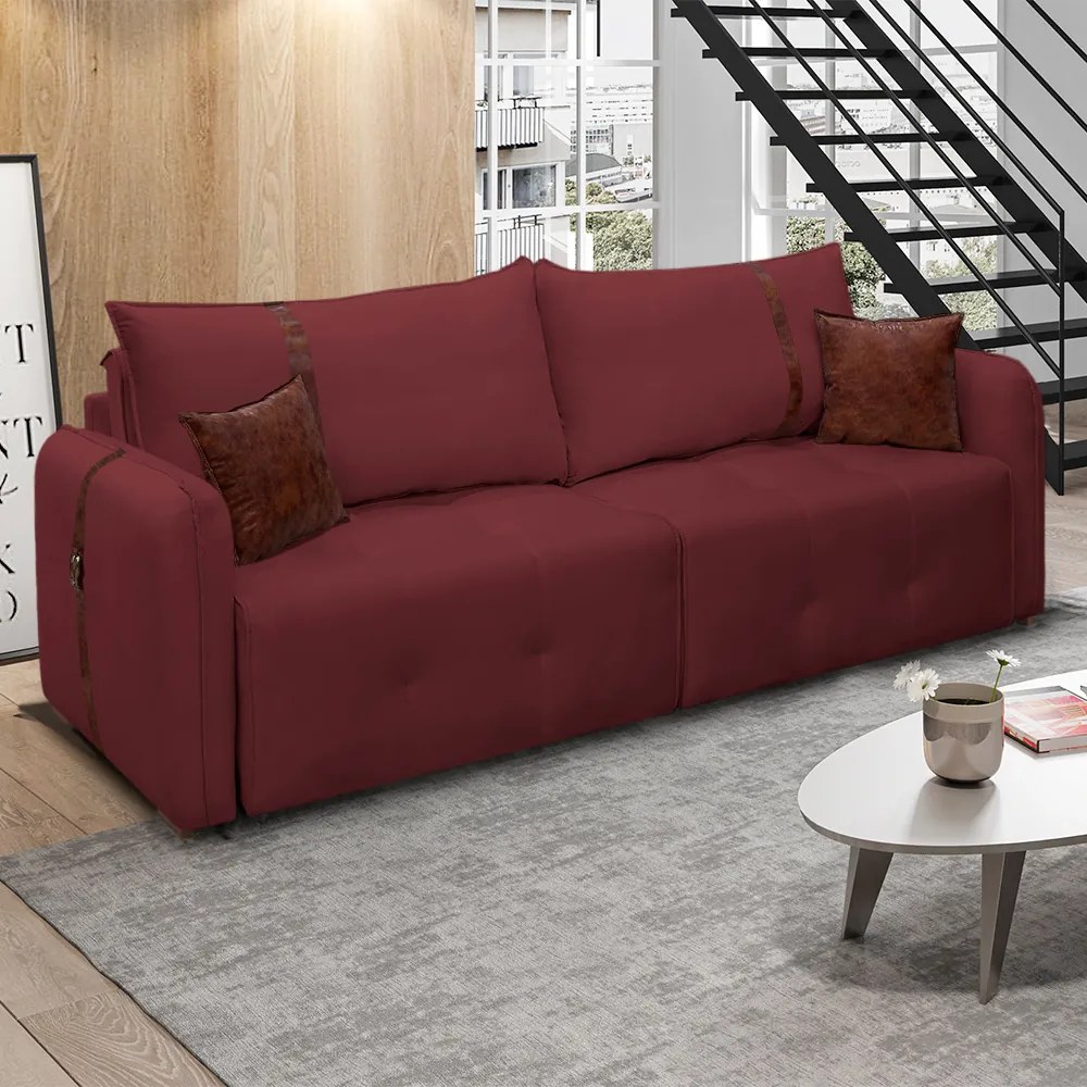 Sofá-Cama 2,30 m Retrátil e Reclinável 2 Lugares Elegance - Veludo Bordô