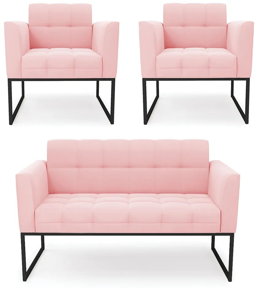 Kit 1 Sofá Namoradeira e 2 Poltronas Elisa Suede Base Metálica Industrial Preto D03 - D'Rossi - Rosa Bebê