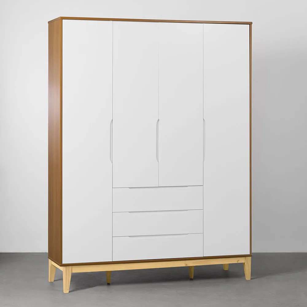 Guarda-Roupa Elfe 4 Portas e 3 Gavetas com Pés Square Natural – Branco  e Savana - Guarda-Roupa Elfe 4 Portas e 3 Gavetas com Pés Square Natural – Branco Fosco e Savana