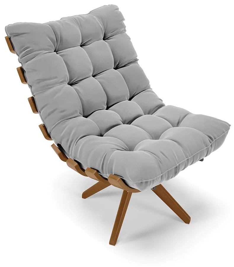 Poltrona com Puff Giratório Costela Suede Base de Madeira MA30 M11 - D'Rossi - Cinza