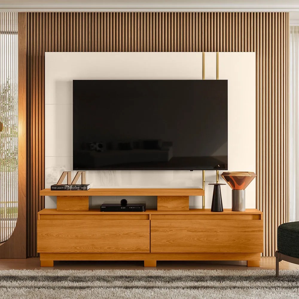Estante de TV 75 Pol 183cm com Pé Sala Belora M20 - D'Rossi - Cinamomo e Off White
