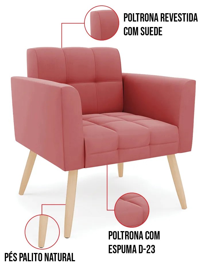 Kit 1 Sofá Namoradeira e 1 Poltrona Elisa Suede Pés Palito Natural D03 - D'Rossi - Rose