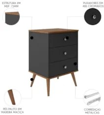 Mesa Cabeceira 35cm 3 Gavetas Pés Palito Thames Preto/Freijó E05 - Mpo