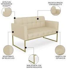Sofá Namoradeira Base Industrial Dourado Ana Veludo Luxo Off White - I