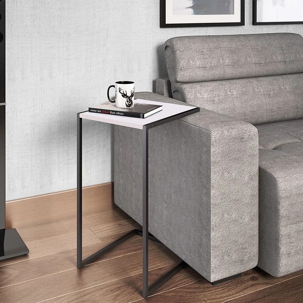 Mesa Lateral Multiuso Estilo Industrial Branco Fosco Base Metálica Preto A05 - D'Rossi