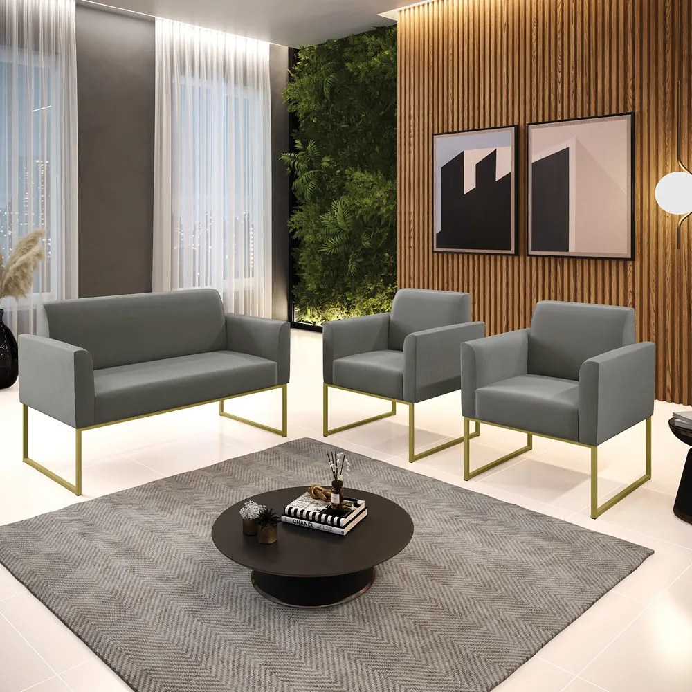 Sofá Namoradeira com 2 Poltronas Base Industrial Dourado Marisa Suede Grafite D03 - D'Rossi