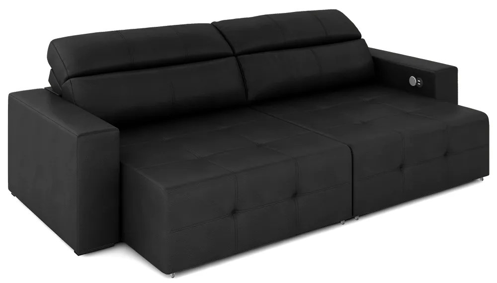 Sofá Retrátil 4 Lugares 284cm 2 Módulos Nero com USB Couro Preto G52 - Gran Belo