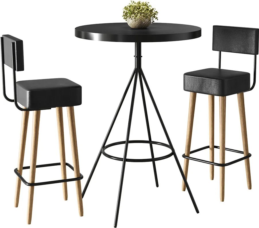 Mesa Bistrô Alta Dhalia e 2 Banquetas 70cm Barcelona PU S02 - D'Rossi - Preto