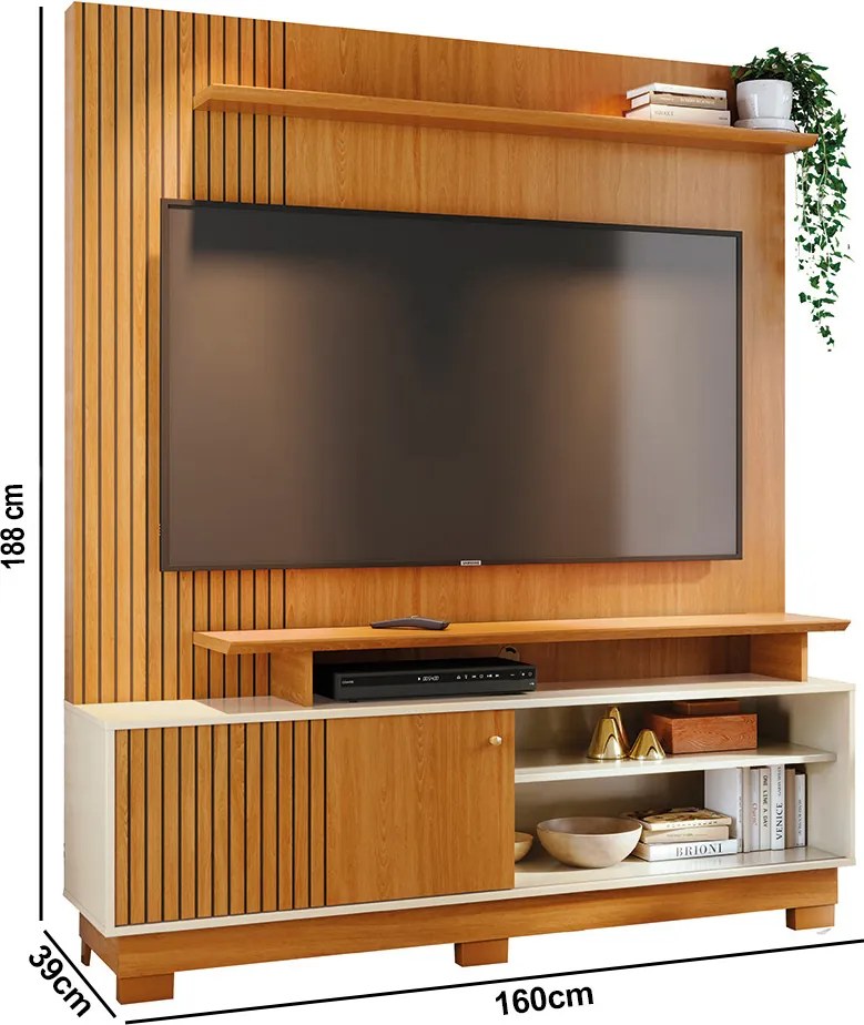 Estante de TV 65 Pol 160cm com Pés para Sala Quirel Cinamomo/Off White M20 - D'Rossi