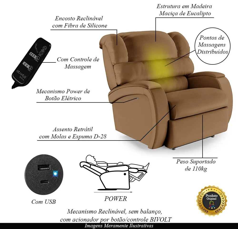 Poltrona do Papai Reclinável Napoli Power Touch Massagem PU FH1 - D'Rossi - Caramelo