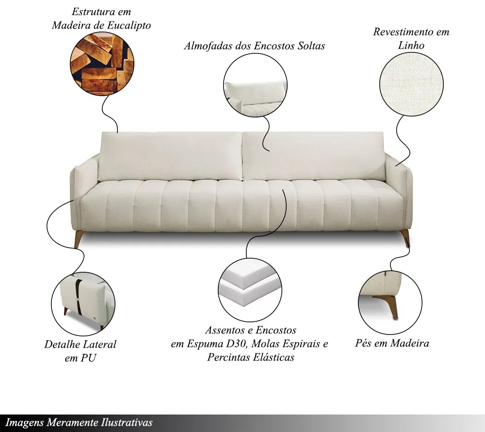 Sofá Sala de Estar Living Desing Moderno 240cm Pés em Madeira Detalhe Lateral em PU Amadeu Veludo Bege G93 - Gran Belo