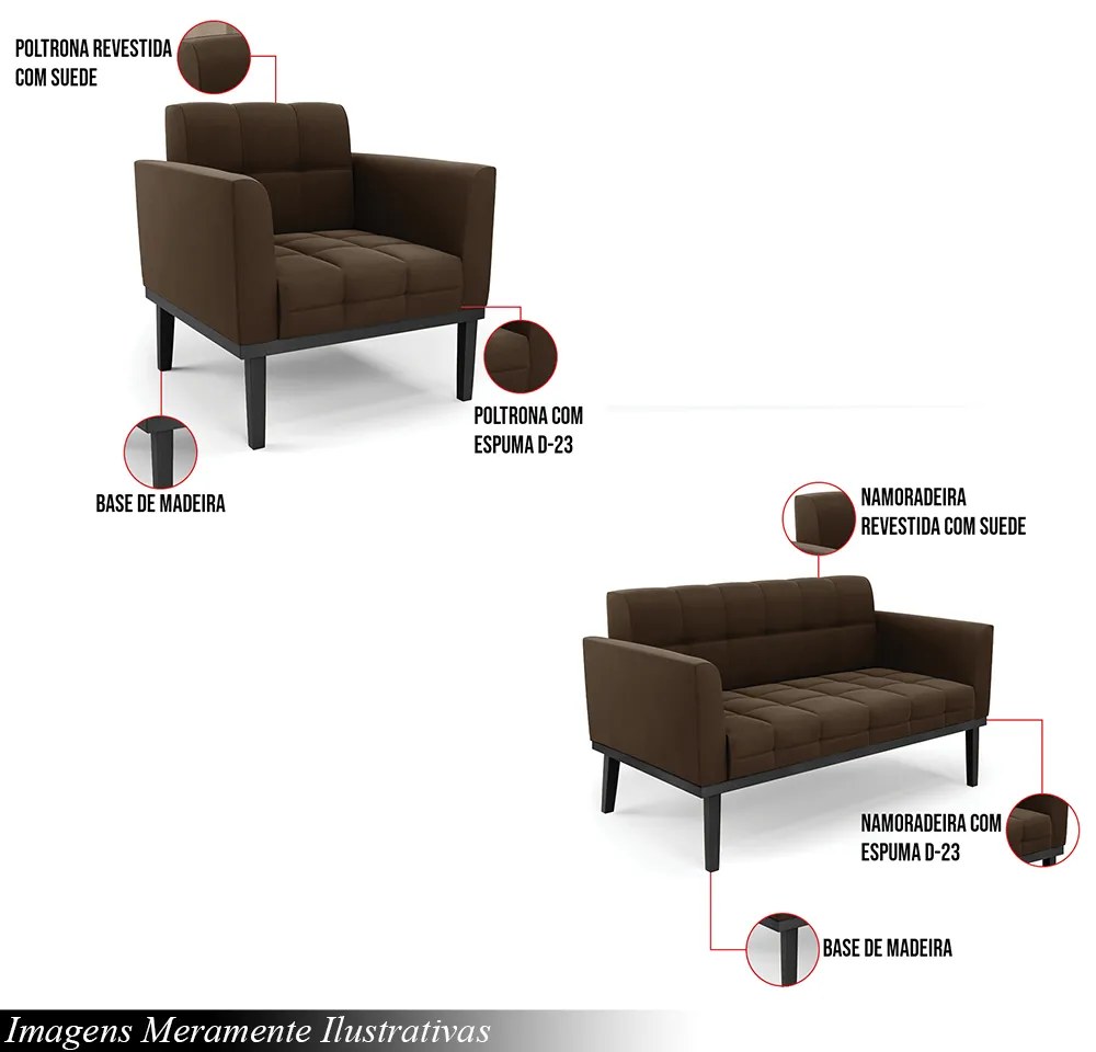 Conjunto Poltrona e Namoradeira Decorativa Karen Pés Fixo em Madeira Preto Suede Marrom 19 - Gran Belo