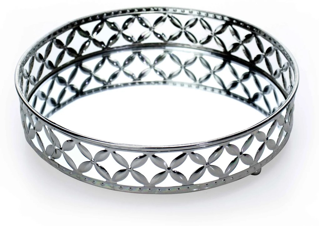 Bandeja Decorativa Redonda m Em Metal Prata Com Espelho 5x20 Cm - D'Rossi