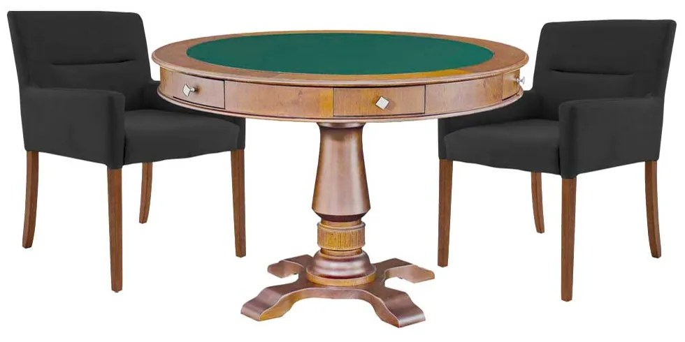 Mesa de Jogos Carteado Victoria Redonda Tampo Reversível Amêndoa com Kit 2 Cadeiras Vicenza Preto Fosco G36 G15 - Gran Belo