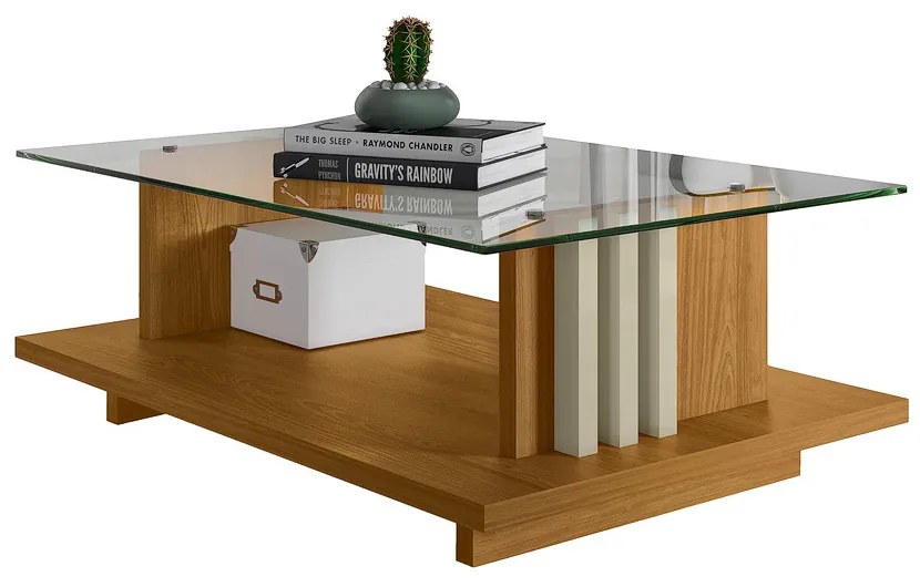 Mesa de Centro Para Sala Ripado Tampo de Vidro Mirezi M20 - D'Rossi - Cumaru e Opala