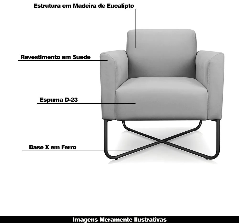 Kit 2 Poltronas Decorativas Isabella Base X Suede Cinza/Preto G19 - Gran Belo