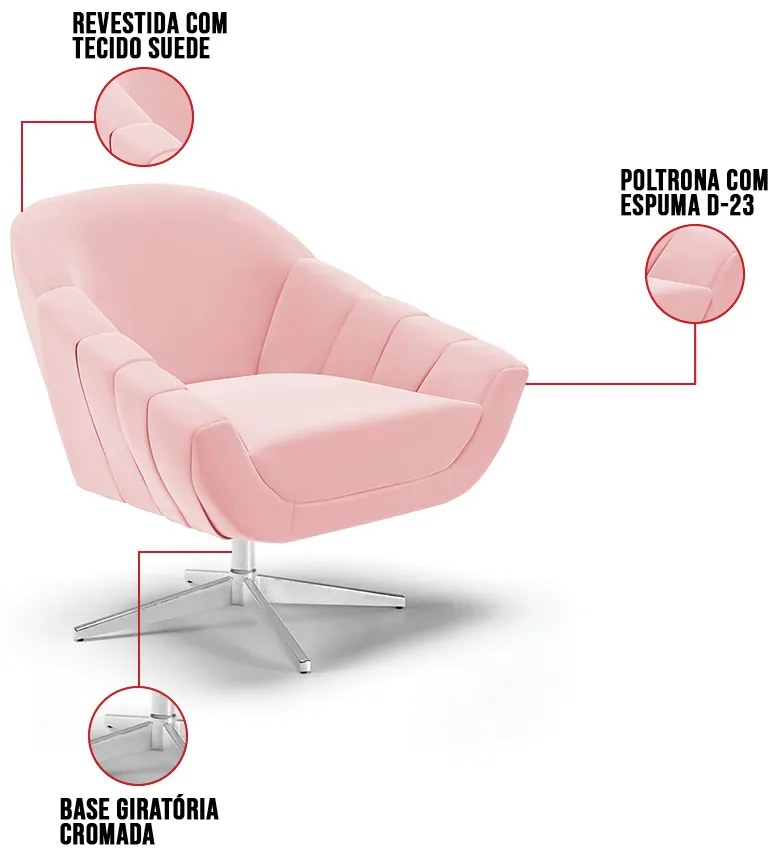 Poltrona Giratória Giovana Suede Base Cromada D03 - D'Rossi - Rosa Bebê