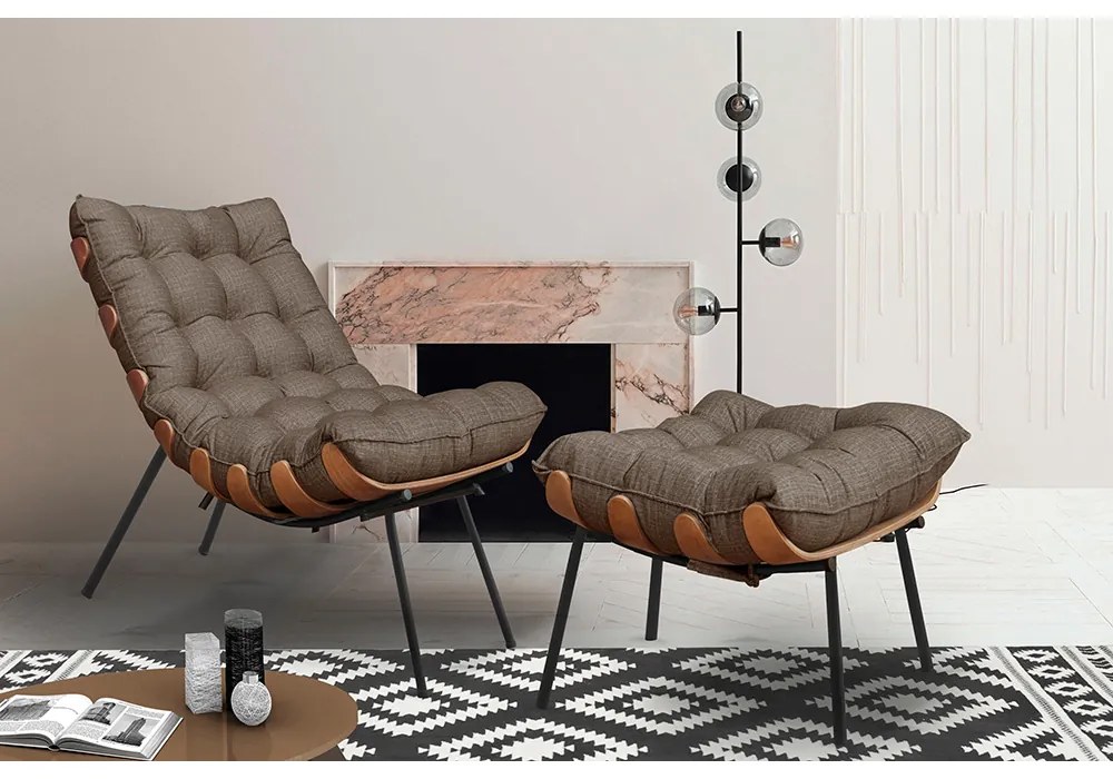 Kit 2 Puffs Decorativos Sala de Estar Abel Base de Madeira Preto Linho Marrom G41 - Gran Belo