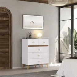 Cômoda Para Quarto 91cm 5 Gavetas Gaby Flex Branco/Camarim V02 - Mpoze