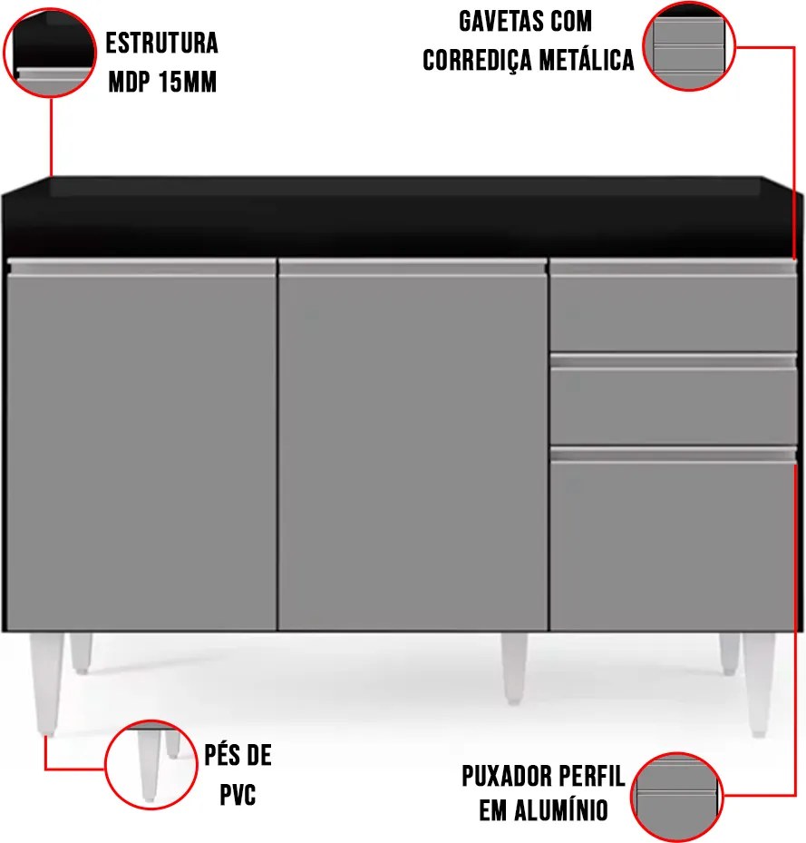 Balcão de Cozinha Lavanderia sem Tampo 02 Gavetas Beth 120 cm L06 - D'Rossi - Preto e Cinza