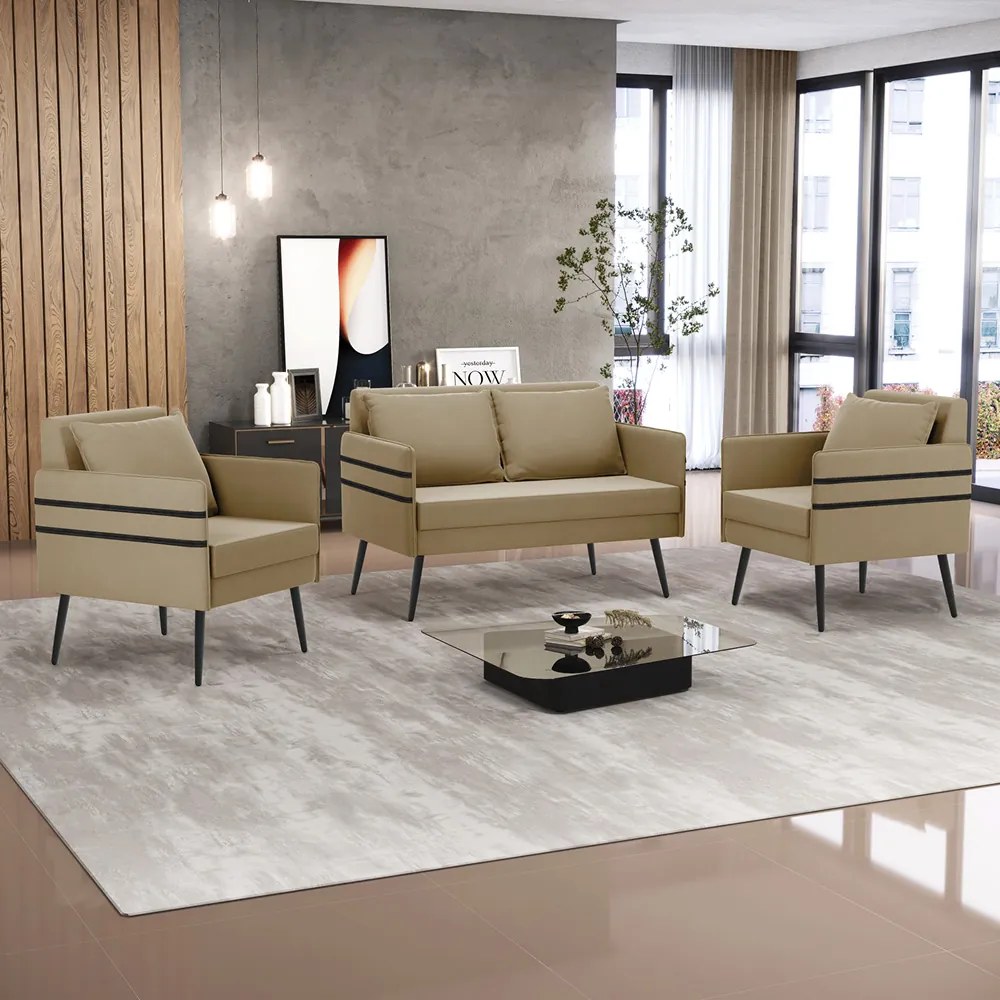 Kit 01 Namoradeira 02 Lugares e 02 Poltronas Mari Suede Marrom Rato Pés Palito de Ferro