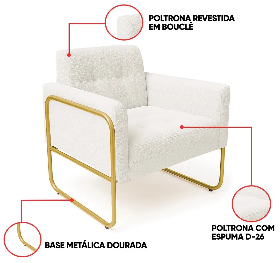Poltrona Sala Industrial Alta Tubo Dourado Elisa Bouclê D03 - D'Rossi - Off White