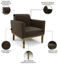 Sofá Namoradeira e 1 Poltrona Base Madeira Castanho Maressa Suede Marr