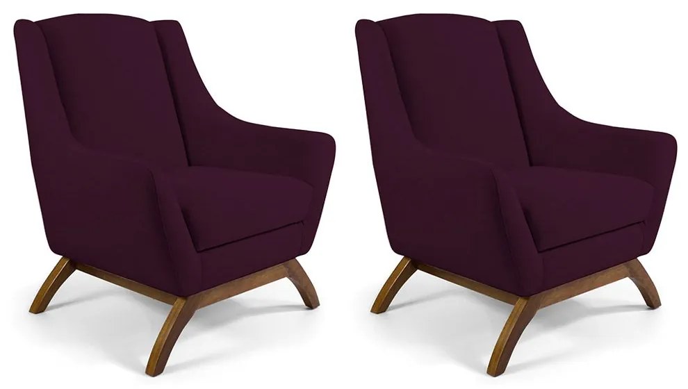 Kit 02 Poltronas Decorativas Sala de Estar Base de Madeira Naomi Veludo Roxo Grape G15 - Gran Belo