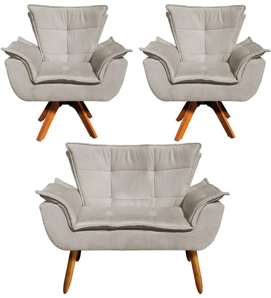 Sofá Namoradeira e 2 Poltronas Giratória MM30 Opala Suede - Marrom Rato