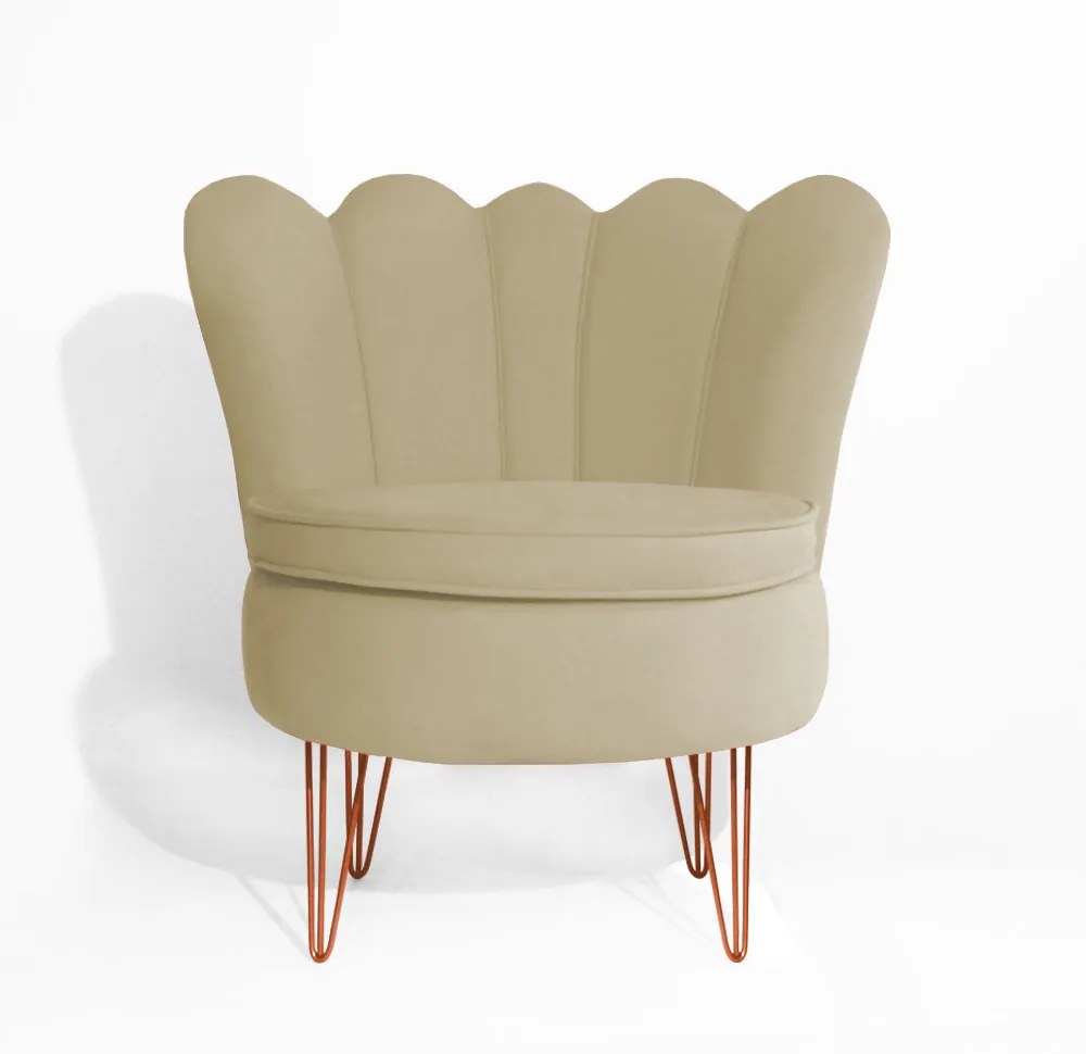 Conjunto 2 Poltrona Dália com Puff Chloe Pés Hairpin Legs Bronze Veludo Nude