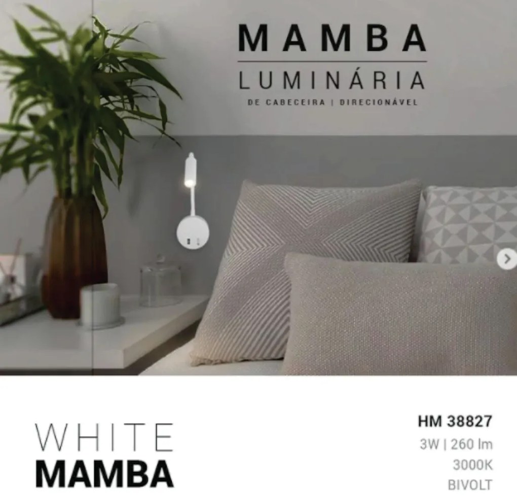 Arandela Mamba Ø9X25X3,6Cm Led 3W 3000K Ip20 Branco |Opus Hm 38827