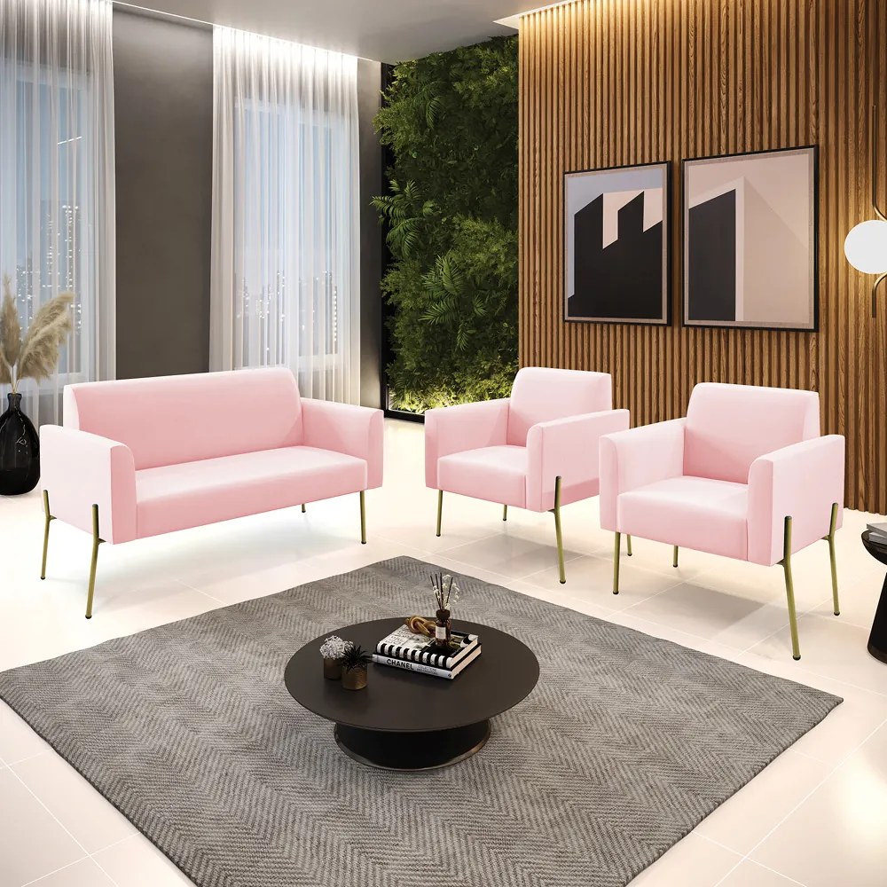Sofá Namoradeira e 2 Poltronas Pé de Ferro Dourado Marisa Suede Rosa Bebê