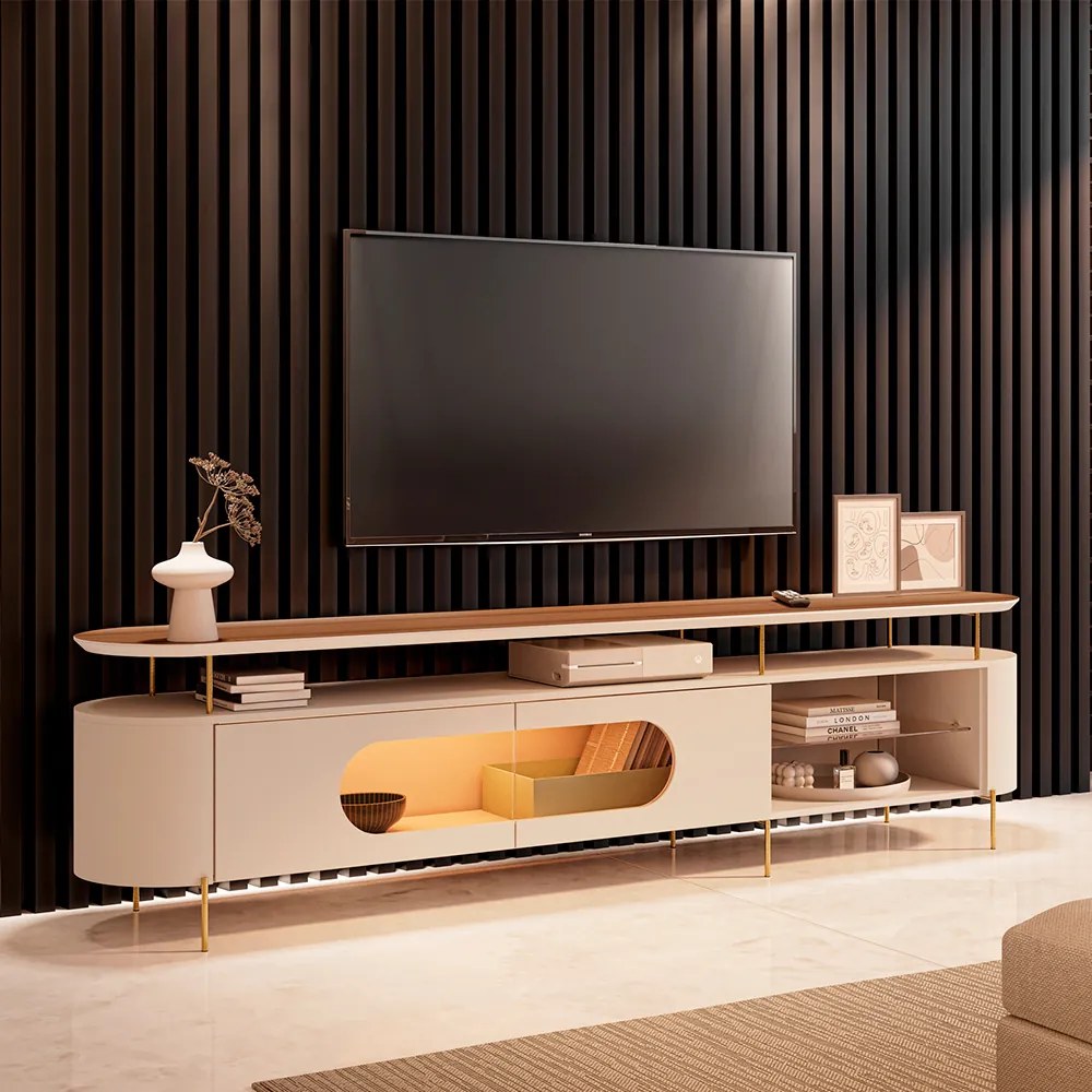 Rack Bancada Ária com Led e Prateleira Vidro TV Até 85 Polegadas Off White/Castanho G26 - HB Móveis