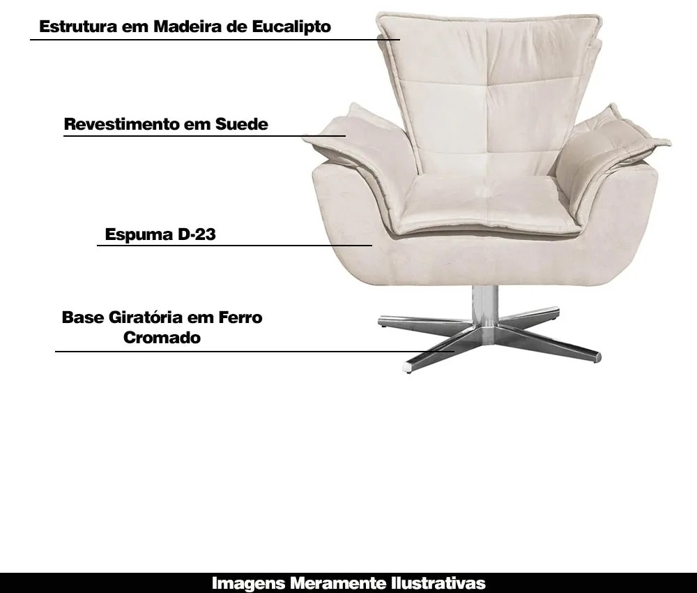Poltrona Decorativa Base Giratória Cromada Charger Suede Bege G19 - Gran Belo