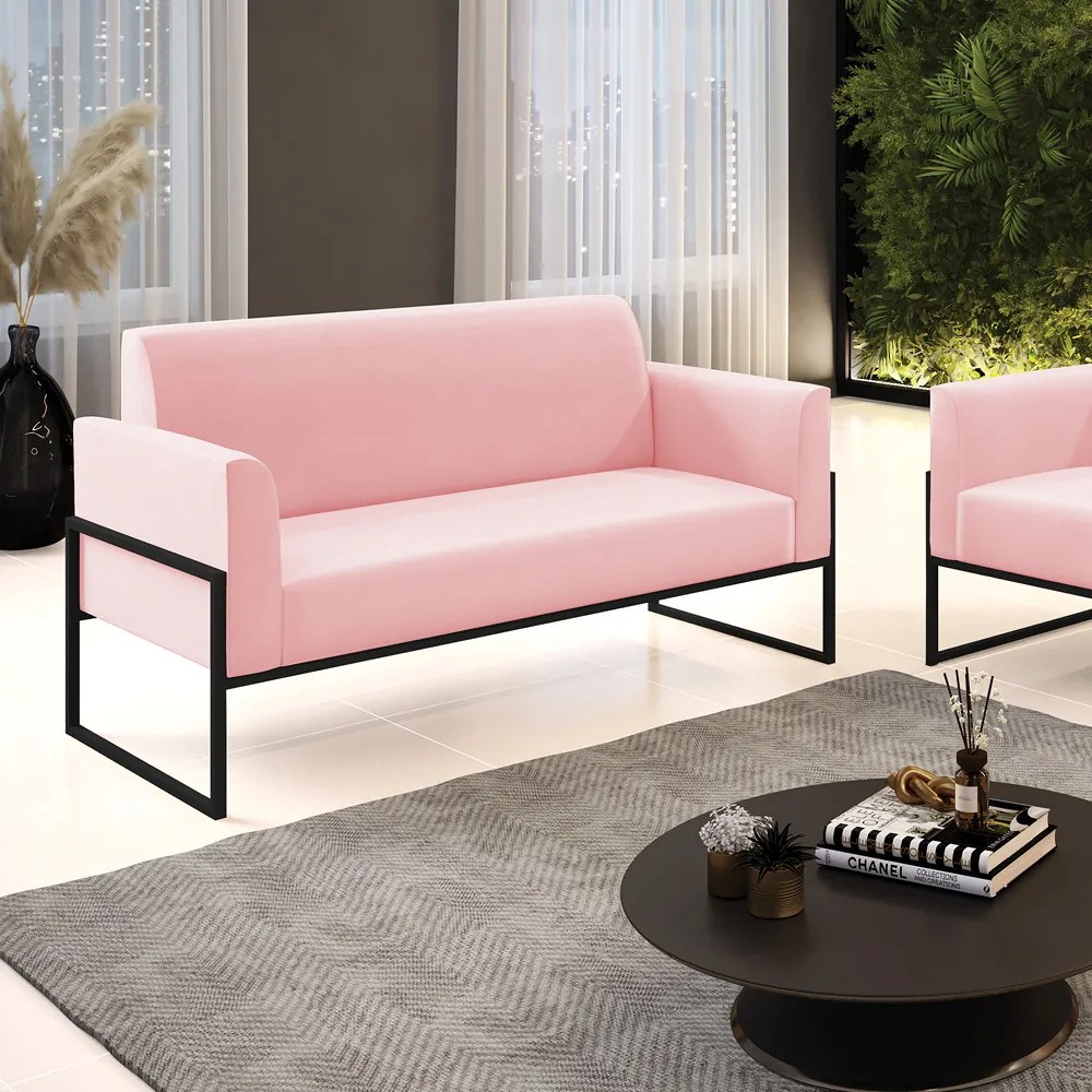 Sofá Namoradeira Base Industrial Alta Preto Marisa Suede D03 - DRossi - Rosa Bebê