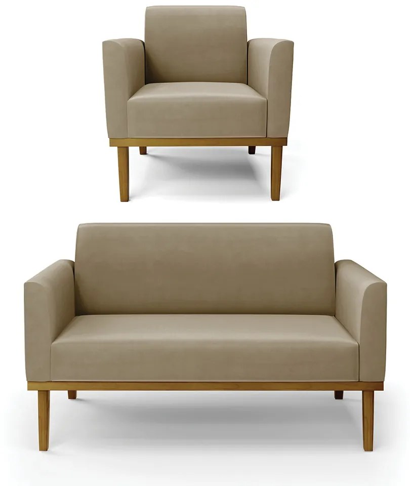 Conjunto Poltrona e Namoradeira Decorativa Isabella Pés Fixo em Madeira Castanho Suede Nude G19 - Gran Belo