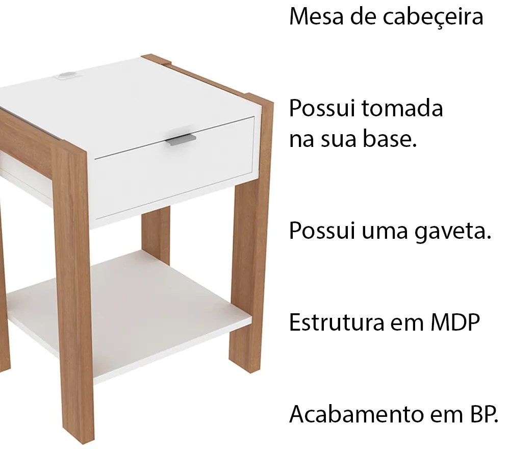 Mesa de Cabeçeira para Quarto Decorativa AZ1016 MDP Amendoa/Branco G69 - Gran Belo