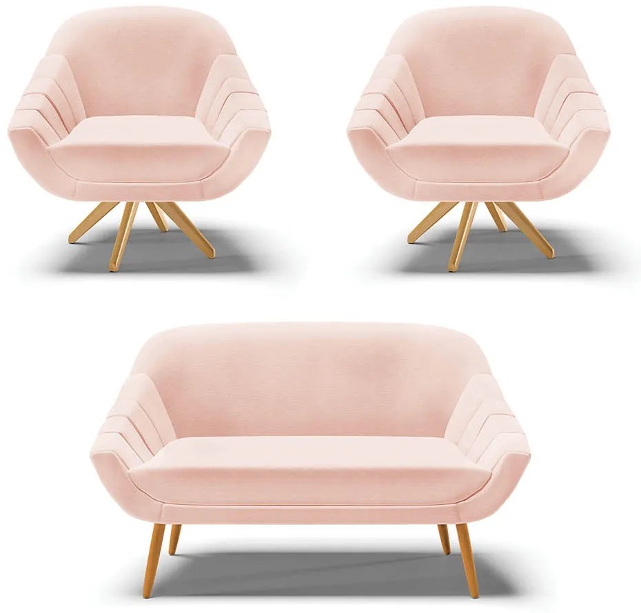 Kit 01 Namoradeira 02 Lugares e 02 Poltronas Giratória Giovana Veludo Base Madeira MA30 D03 - D'Rossi - Rose