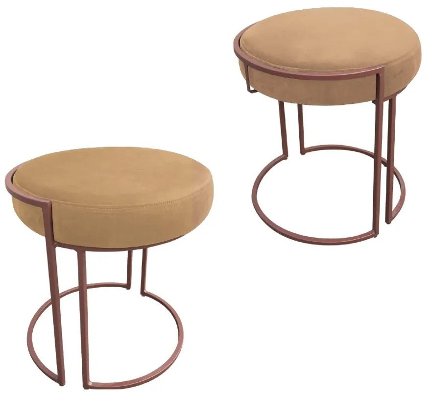 Puff Redondo Base Industrial Cobre Kit 2 Love Suede - Caramelo Sisal