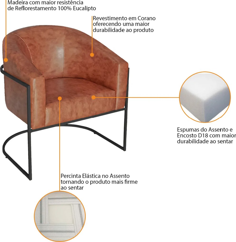 Poltrona Luiza Base de Ferro Preto Sintético Nozes - ADJ Decor