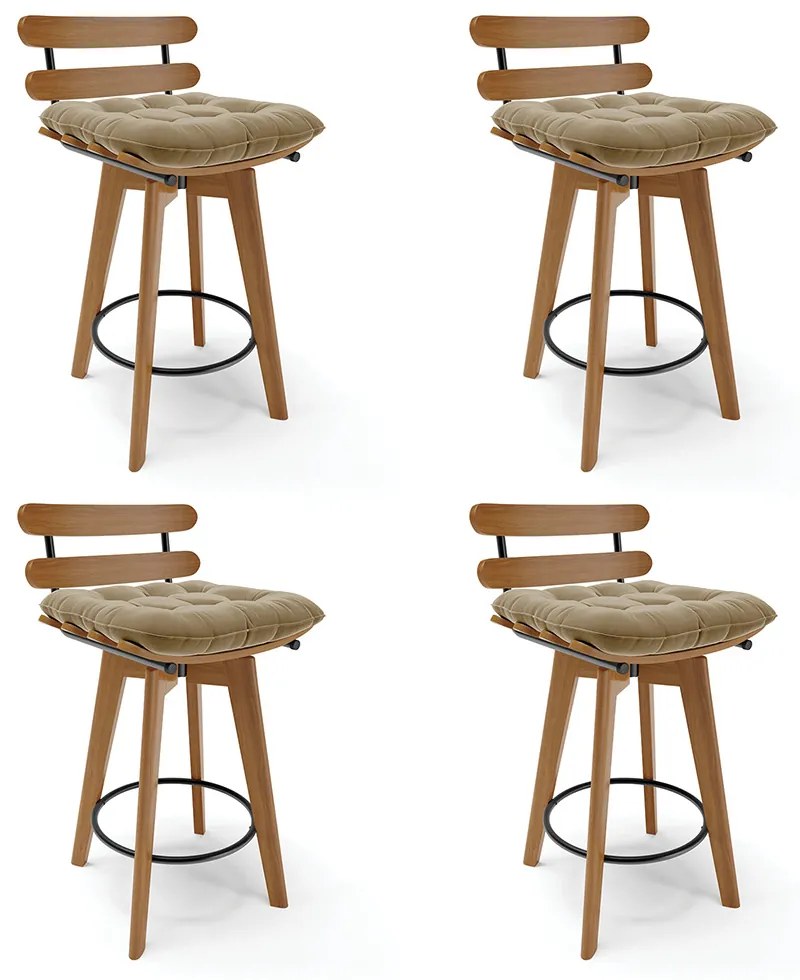 Kit 04 Banquetas Giratória Costela Suede Base Madeira MA70 - D'Rossi - Marrom Rato