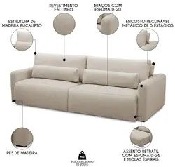 Sofá Retrátil Reclinável 210cm Sinna F05 Linho Bege - Mpozenato