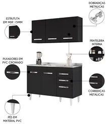 Armário Aéreo Honduras e Balcão Gabinete com Pia 120cm Suécia Preto -