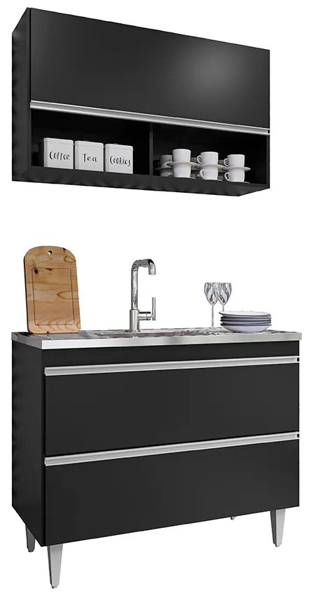 Conjunto Balcão de Cozinha Armário Aéreo Wollo MDP/BP Preto G96 - Gran Belo