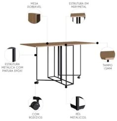 Mesa Escrivaninha 142cm Dobrável Com rodízios Naomi Preto Z54 - Mpozen
