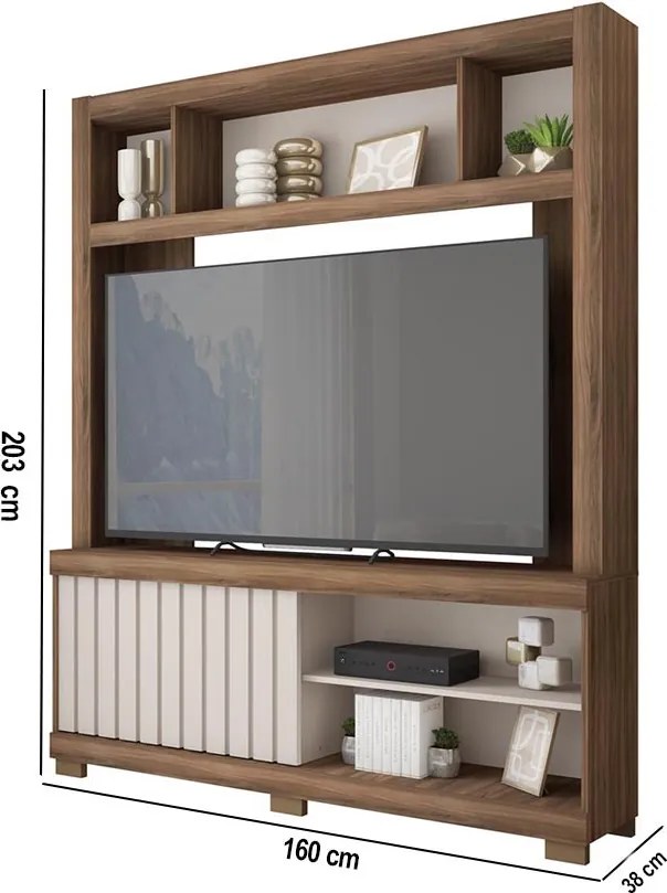 Estante TV 60 Pol 160cm Sala de Estar Ravik C01 - D'Rossi - Nogueira/Off White