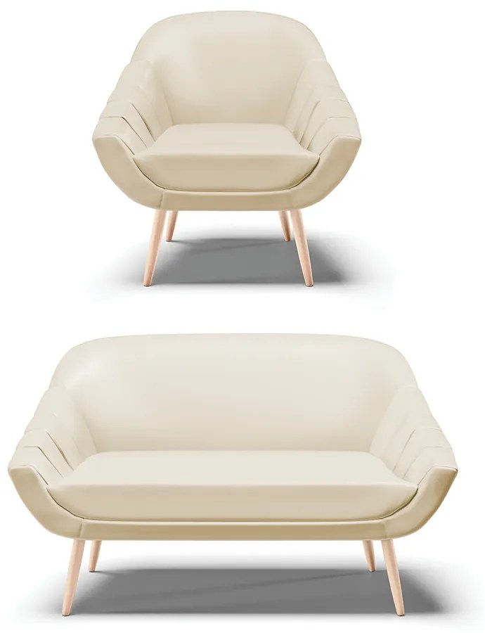 Kit 01 Namoradeira 02 Lugares e 01 Poltrona Giovana Corino Bege Pés Palito Natural - Indo Decorar