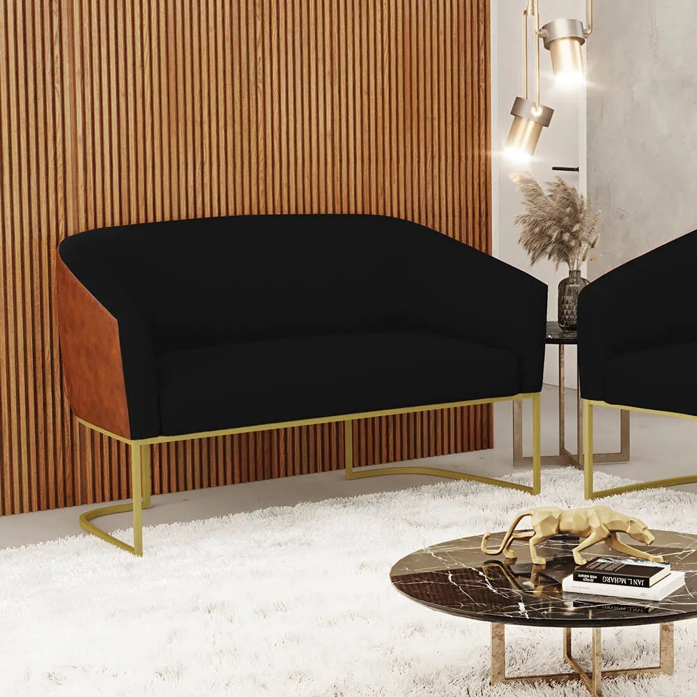 Sofá 2 Lugares Namoradeira Industrial Dourado Stella Noz/Linho D03 - D'Rossi - Preto